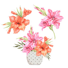 set of bouquets with pink and orange lily flowers, watercolor illustration on a white background