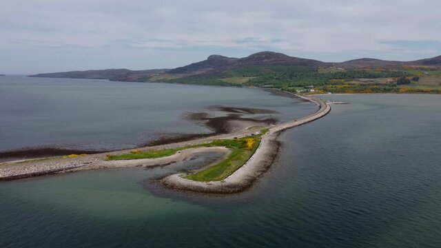 4k drone footage of the Kyle of Tongue bridge in the Scottish Highlands, UK