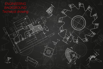 Mechanical engineering drawings on black background. Cutting tools, milling cutter. Technical Design. Cover. Blueprint. Vector illustration.