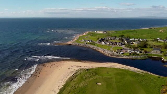 4k drone footage of the coast at Brora in Scotland, UK