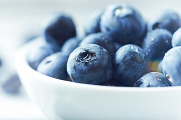 Bilberries on bright wooden background. Close up. 