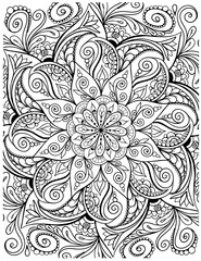 Ornamental mandala adult coloring book page. Zentangle style coloring page. Mandala black outline.