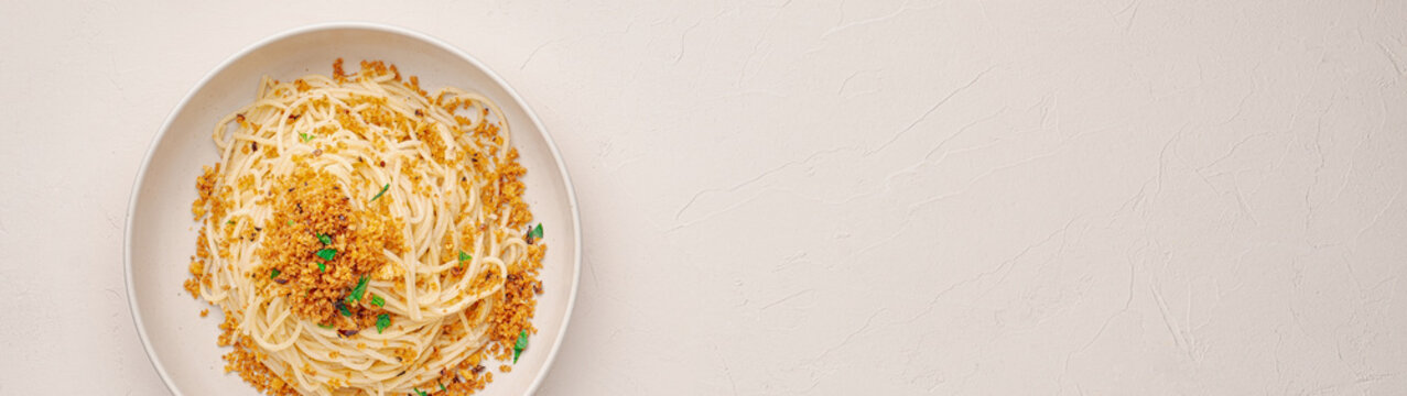 Pasta With Breadcrumbs Like An Italian,Ca 'Muddica Pasta With Copy Space Banner