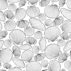 Marine seamless pattern from hand drawn sea shells scallop. Nautical vector pattern in line art style isolated on white. Wallpaper, wrapping paper, textile design