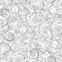 Marine seamless pattern from hand drawn spiral spiked sea shells and points. Nautical vector pattern in line art style isolated on white. Wallpaper, wrapping paper, textile design