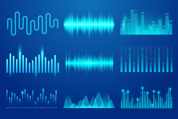 Set of sound music wave. Template audio technology, musical pulse, sound charts and other elements. Music soundwave for equalizer. Soundwave, soundtrack curves and radio voice - 445237447