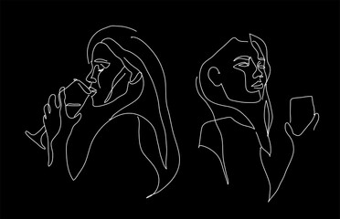 Continuous line, drawing one line face, fashion concept, woman beauty minimalist, vector illustration for t-shirt, human faces on isolated black background.
