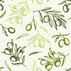 Vintage pattern with green olives and olive branch. - 445239078