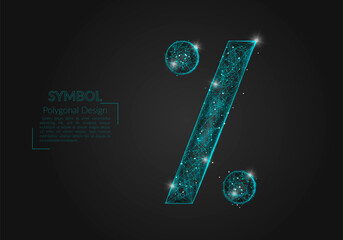 Abstract isolated blue image of a percent sign. Polygonal illustration looks like stars in the blask night sky in spase or flying glass shards. Digital design for website, web, internet. © Katsiaryna