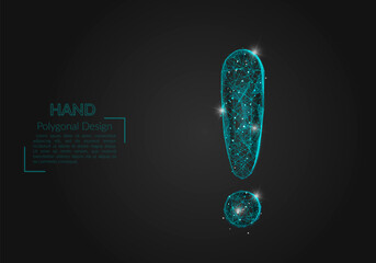 Abstract isolated blue image of a exclamation mark. Polygonal illustration looks like stars in the blask night sky in spase or flying glass shards. Digital design for website, web, internet. © Katsiaryna