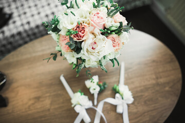 Beautiful wedding bouquet with different flowers, roses