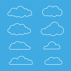 Set of outline white clouds. Cloud icon in flat design isolated on blue background. 