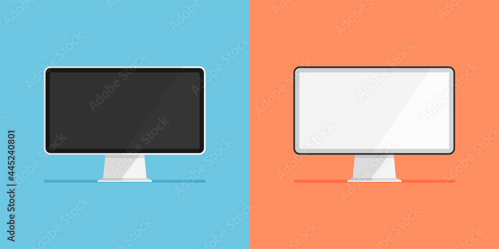 Poster set of monitor with white and black display. empty or blank screen. computer icon isolated. equipmen