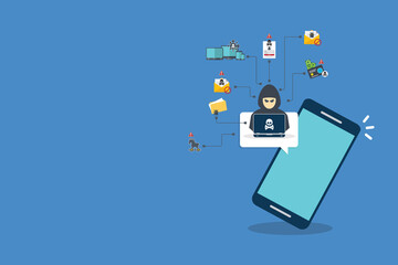 Hacker, malware notification on mobile phone. Smartphone with hacker alert, spam data on cellphone fraud error message, scam, virus.	