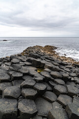 Fototapeta na wymiar Giant's Causeway basalt rocks pattern in a beautiful summer day, Northern Ireland. The nature hexagon stones result of an ancient volcanic fissure eruption.