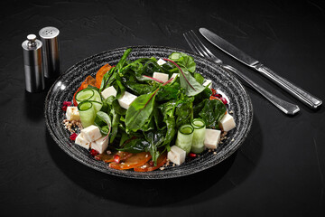 Goat cheese salad with persimmon, greens, cucumbers, pomegranate and walnuts