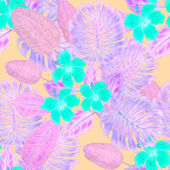 Beautiful seamless pattern with tropical leaves and flowers drawn with colored pencils. Retro bright summer background. Jungle foliage illustration. Swimwear botanical design. Vintage exotic print.	