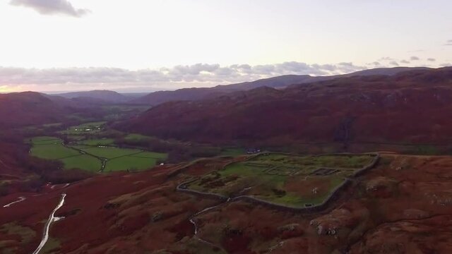 Aerial view walls and Ruins of roman buildings in scenic lake district