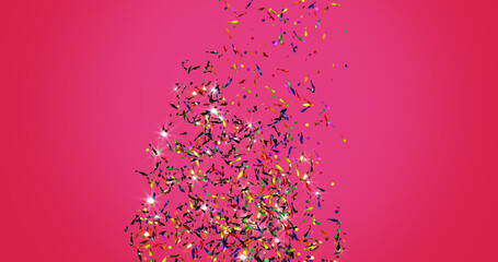 3d rendering of confetti exploding from below and falling, with a pink background.