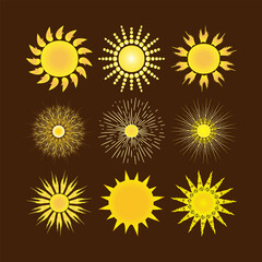 The sun with bright warm rays on a brown background.