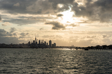Fototapeta premium Famous skyline of Auckland Central Business District during sunset