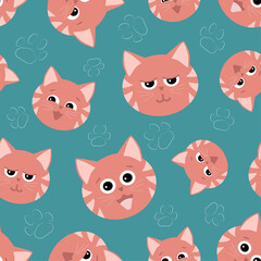 smiling coral cat head on turquoise background