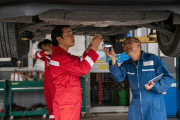 Senior professional car mechanic and automotive team using torch to check a suspension system parts in tire shop. Elderly vehicle mechanic repair the automobile in garage workshop. Auto repair service