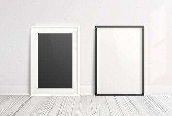 Vertical frame for poster or picture blank Mock-up template in modern loft interior. Editable vector 3d render . Black and white vertical frame for photography presentation, modern art