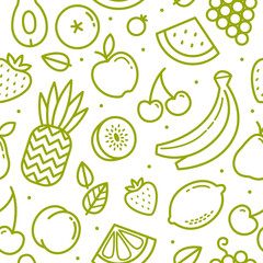 Vector tropical Fruits and berries line art seamless pattern on white background. Linear style exotic tropical fruits icons collection. Endless background for vegetable branding