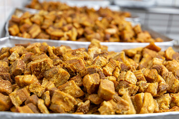 Torresmo. Fried pork belly. Traditional Brazilian food at Feijoada.