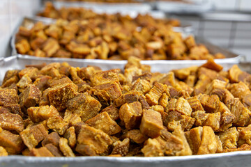 Torresmo. Fried pork belly. Traditional Brazilian food at Feijoada.