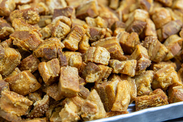 Torresmo. Fried pork belly. Traditional Brazilian food at Feijoada.