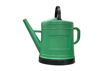 green plastic garden watering can isolated on white background