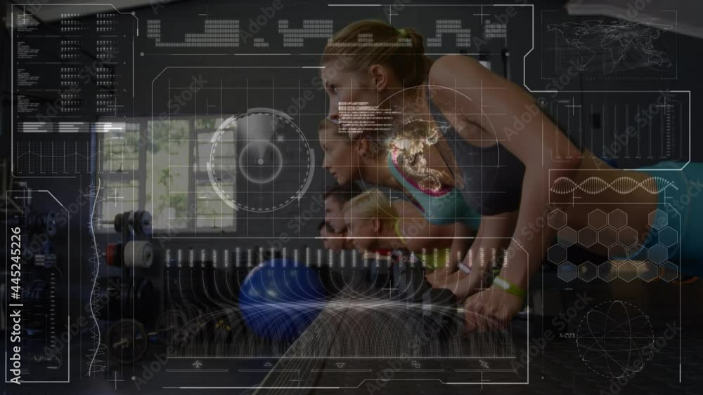Aufkleber animation of scope scanning and data processing over women exercising in gym