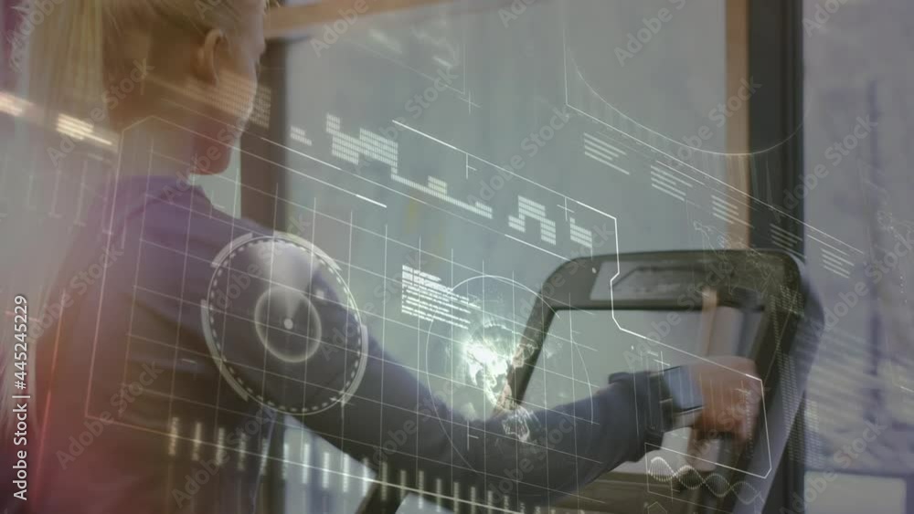 Poster animation of scope scanning and data processing over woman exercising in gym