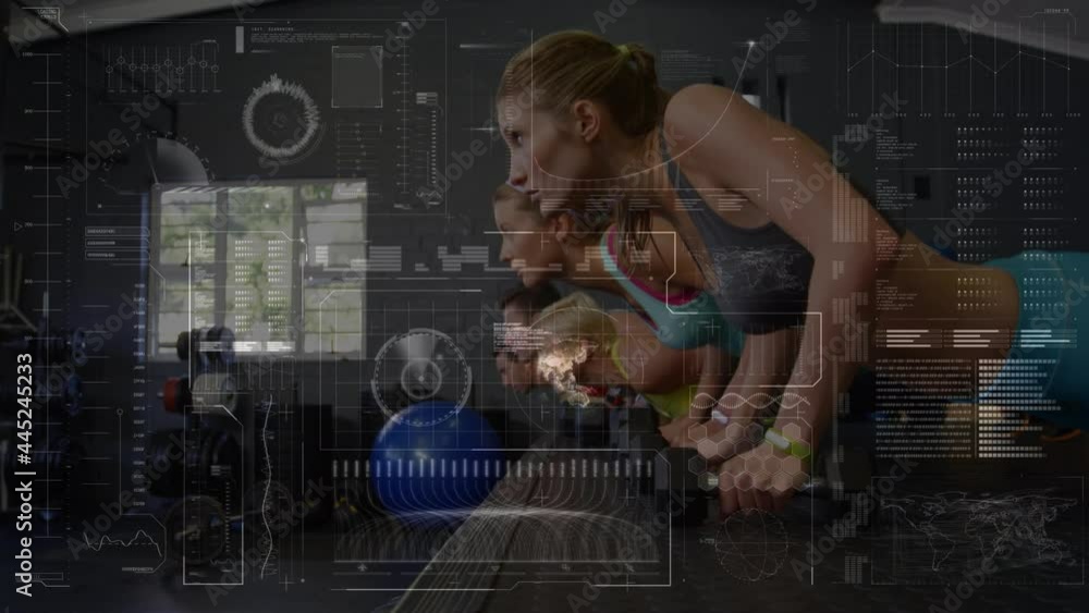Poster animation of scope scanning and data processing over women exercising in gym