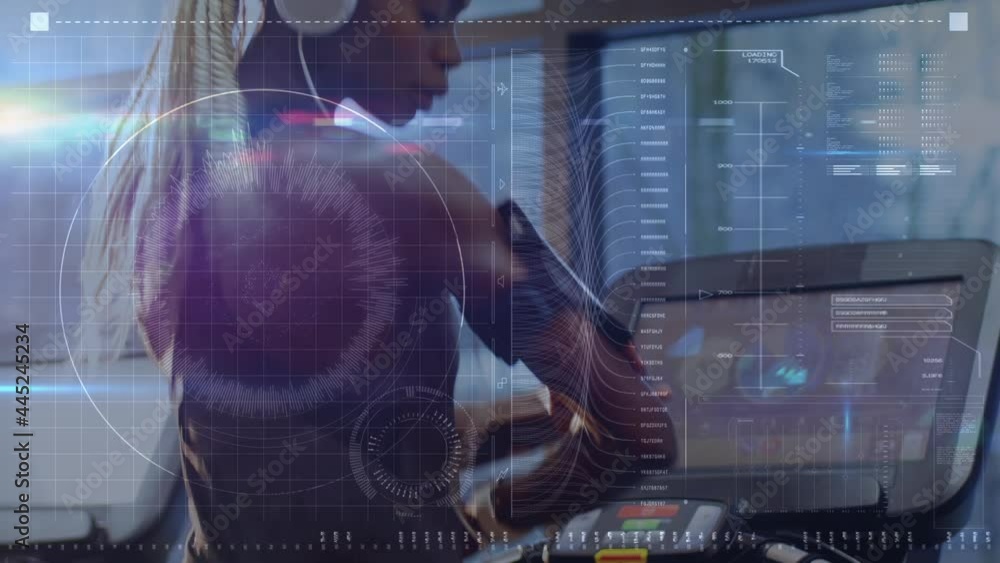 Poster animation of scope scanning and data processing over woman exercising in gym