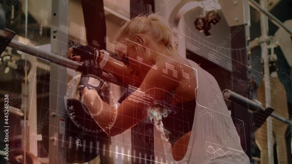 Poster animation of scope scanning and data processing over woman exercising in gym
