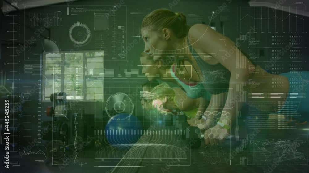 Poster animation of scope scanning and data processing over women exercising in gym