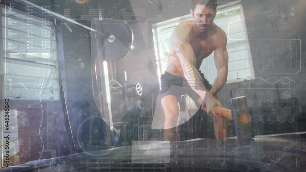 Poster animation of scope scanning and data processing over man exercising in gym