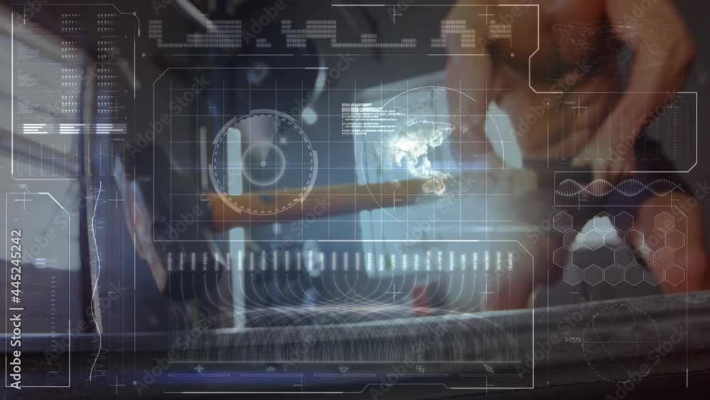 Poster animation of scope scanning and data processing over man exercising in gym