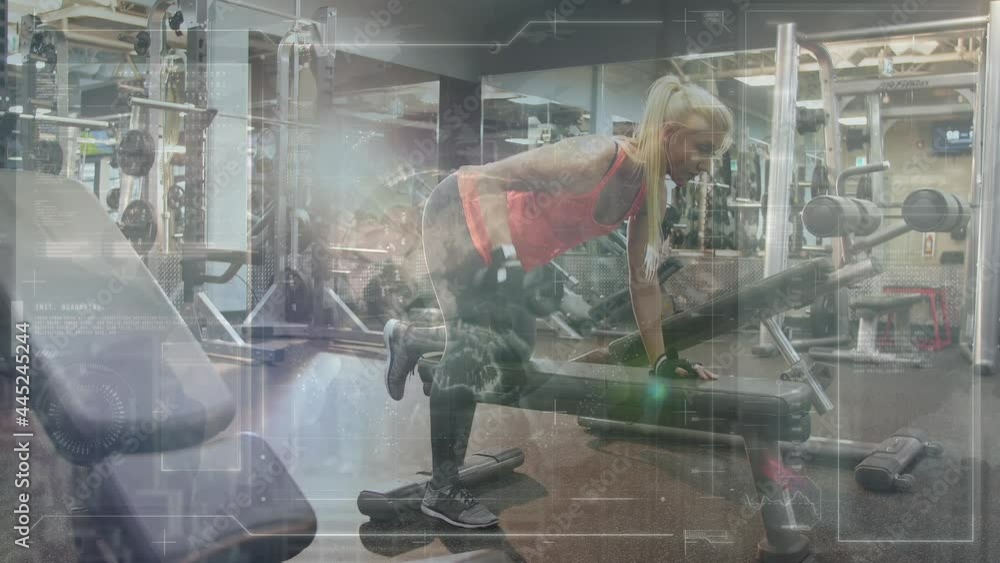 Poster animation of scope scanning and data processing over woman exercising in gym
