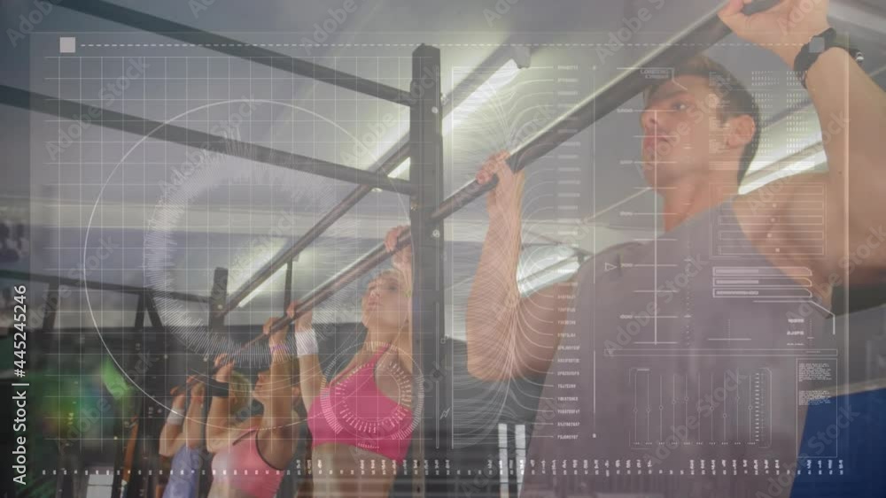 Poster animation of scope scanning and data processing over men and women exercising in gym