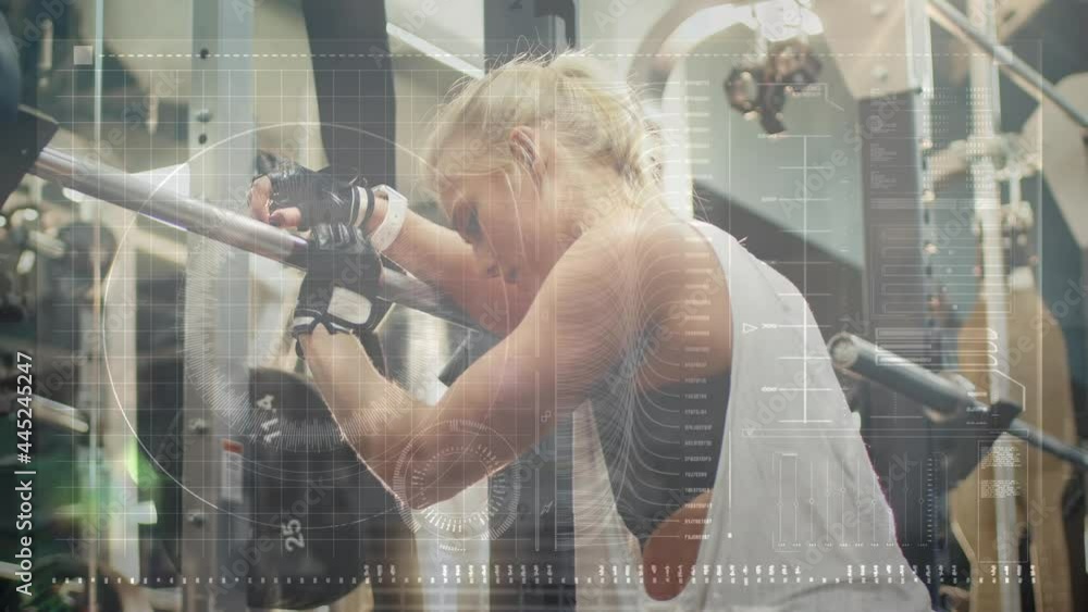 Poster animation of scope scanning and data processing over woman exercising in gym