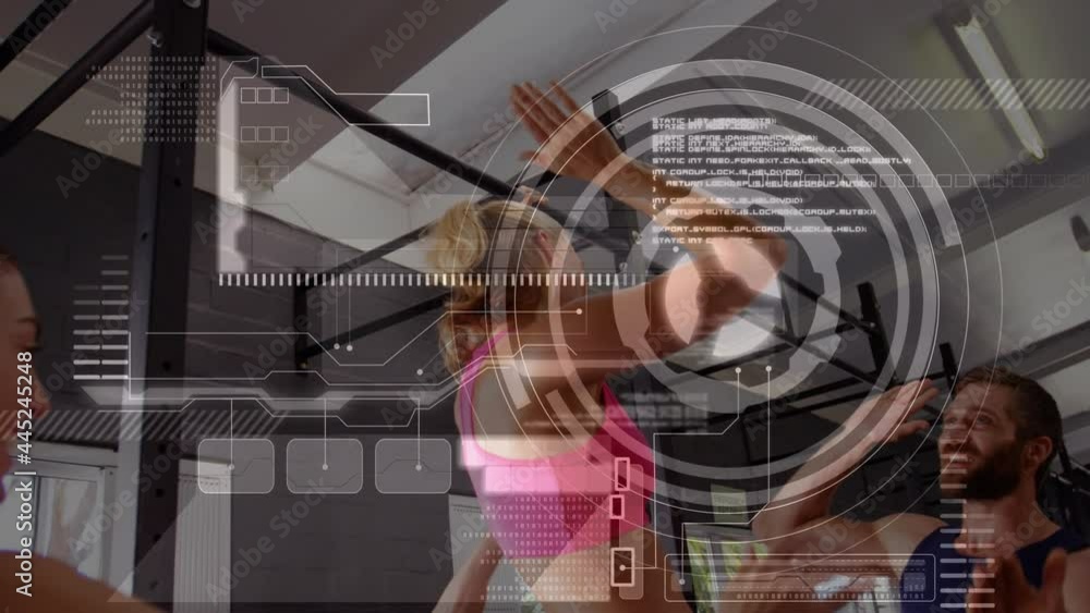 Poster animation of scope scanning and data processing over woman exercising in gym