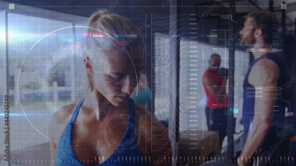 Poster animation of scope scanning and data processing over woman exercising in gym