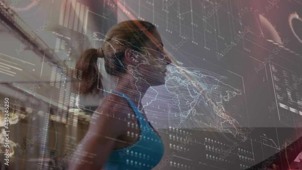 Poster animation of scope scanning and data processing over woman exercising in gym