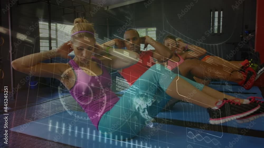 Poster animation of scope scanning and data processing over men and women exercising in gym