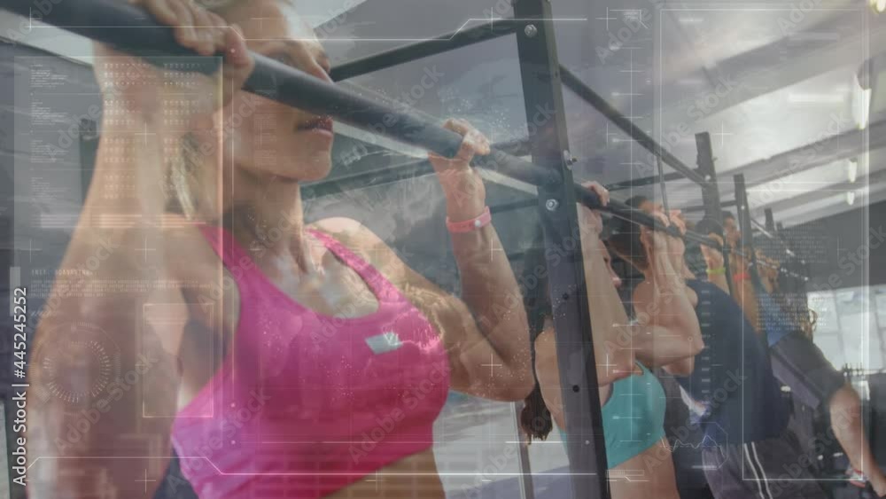 Poster animation of scope scanning and data processing over men and women exercising in gym
