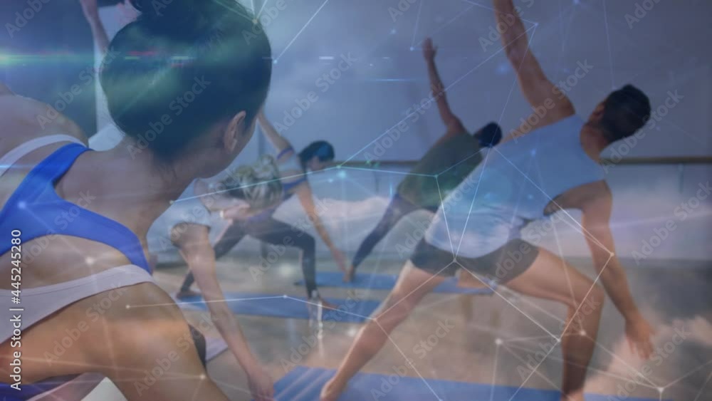 Poster animation of data processing over group practicing yoga, meditating